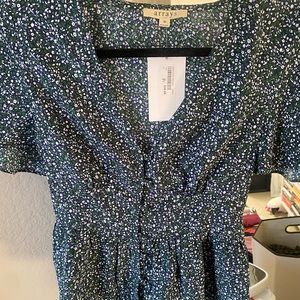 Super cute blue and green button and tie blouse!